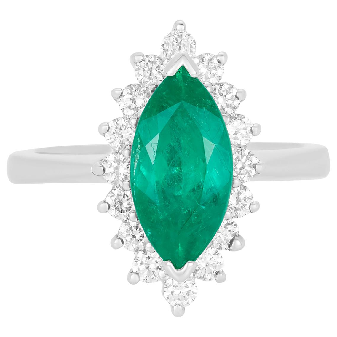 3.26 Carat Marquise Emerald Halo Diamond Ring in 18 Karat White Gold