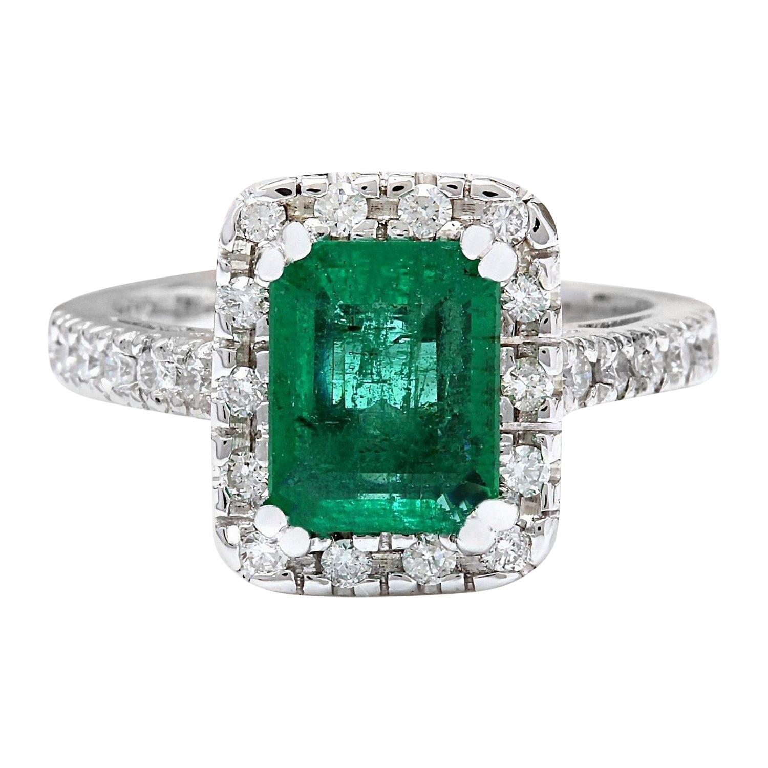 Natural Emerald Diamond Ring In 14 Karat Solid White Gold 