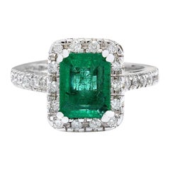 Bague en or blanc massif 14 carats avec diamant émeraude naturelle