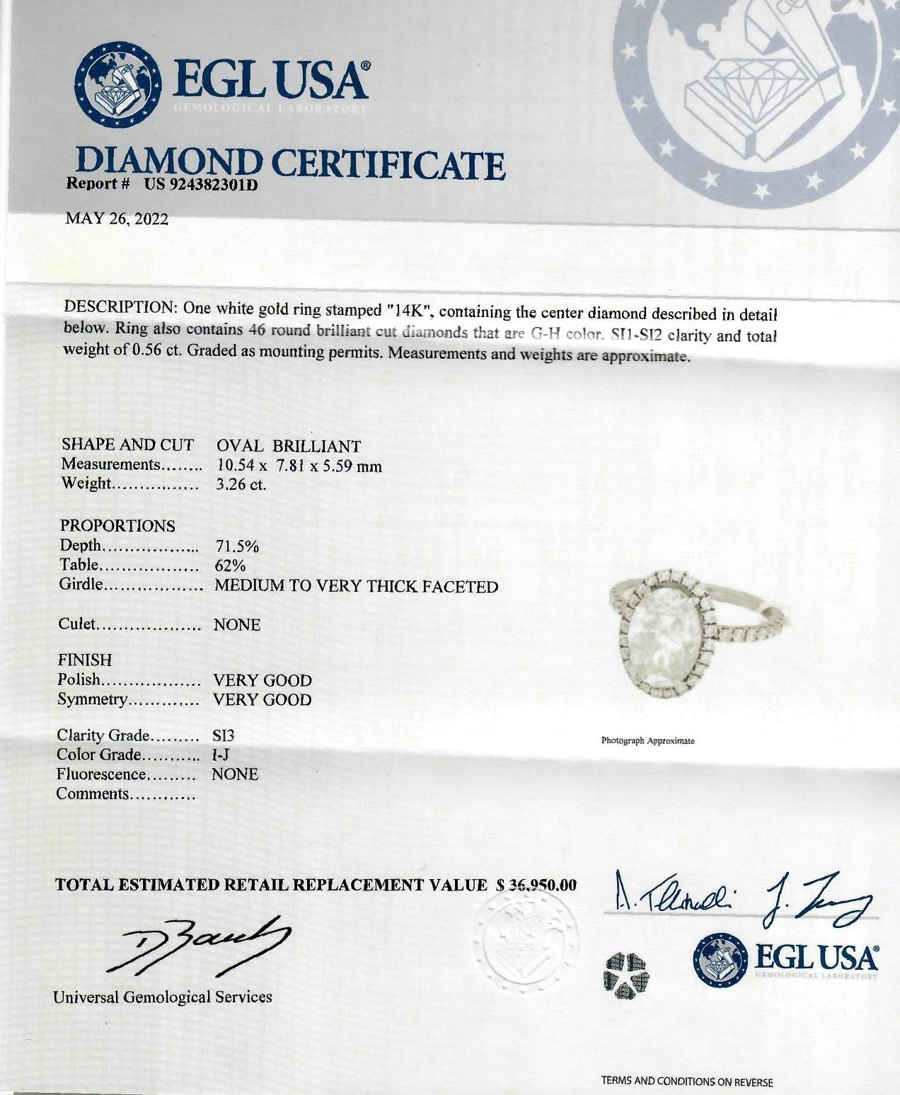 Women's 3.26 Carat Oval Diamond with Halo Ring 14 Karat White Gold For Sale