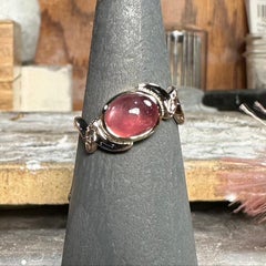 3.26 carat rosy cabochon sapphire and upcycled vintage 14k yellow gold ring