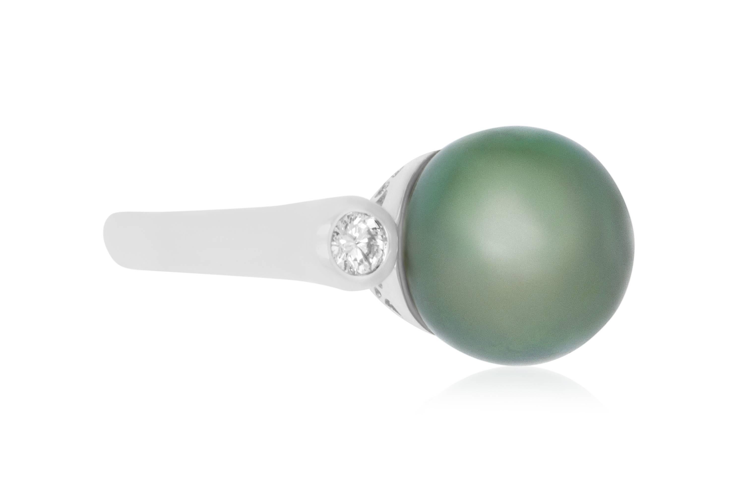 Material: 18k White Gold 
Center Stone Details: 3.26 Carat Tahitian South Sea Pearl 13.2MM
Mounting Diamond Details: Brilliant Round White Diamonds Approximately 0.33 Carats - Clarity: VS-SI / Color: H-I
Ring Size: Size 6.5. Alberto offers