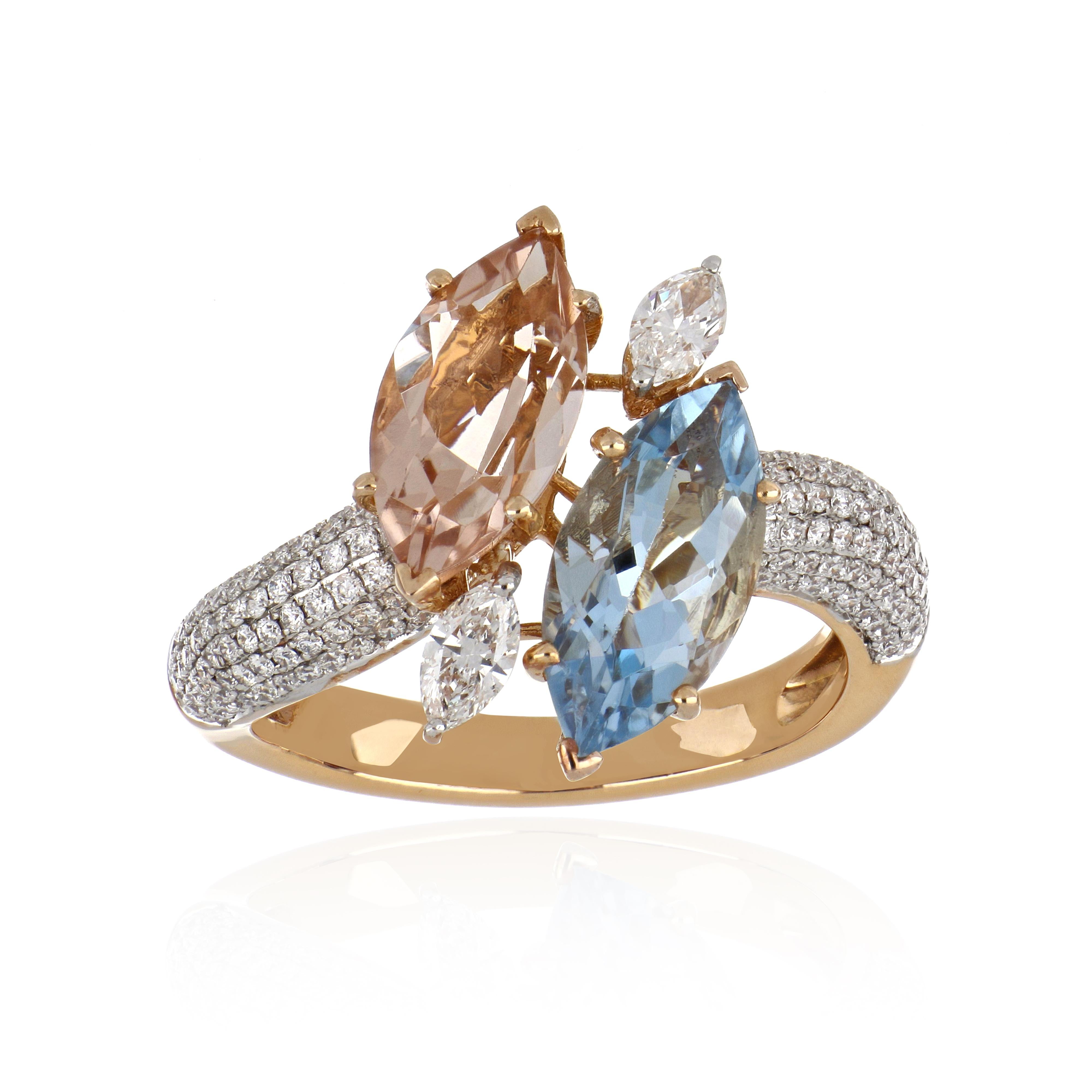 Anillo de Morganita y Aguamarina de 3,26 Quilates Totales con Diamantes Oro Rosa de 18 Kilates en venta 1