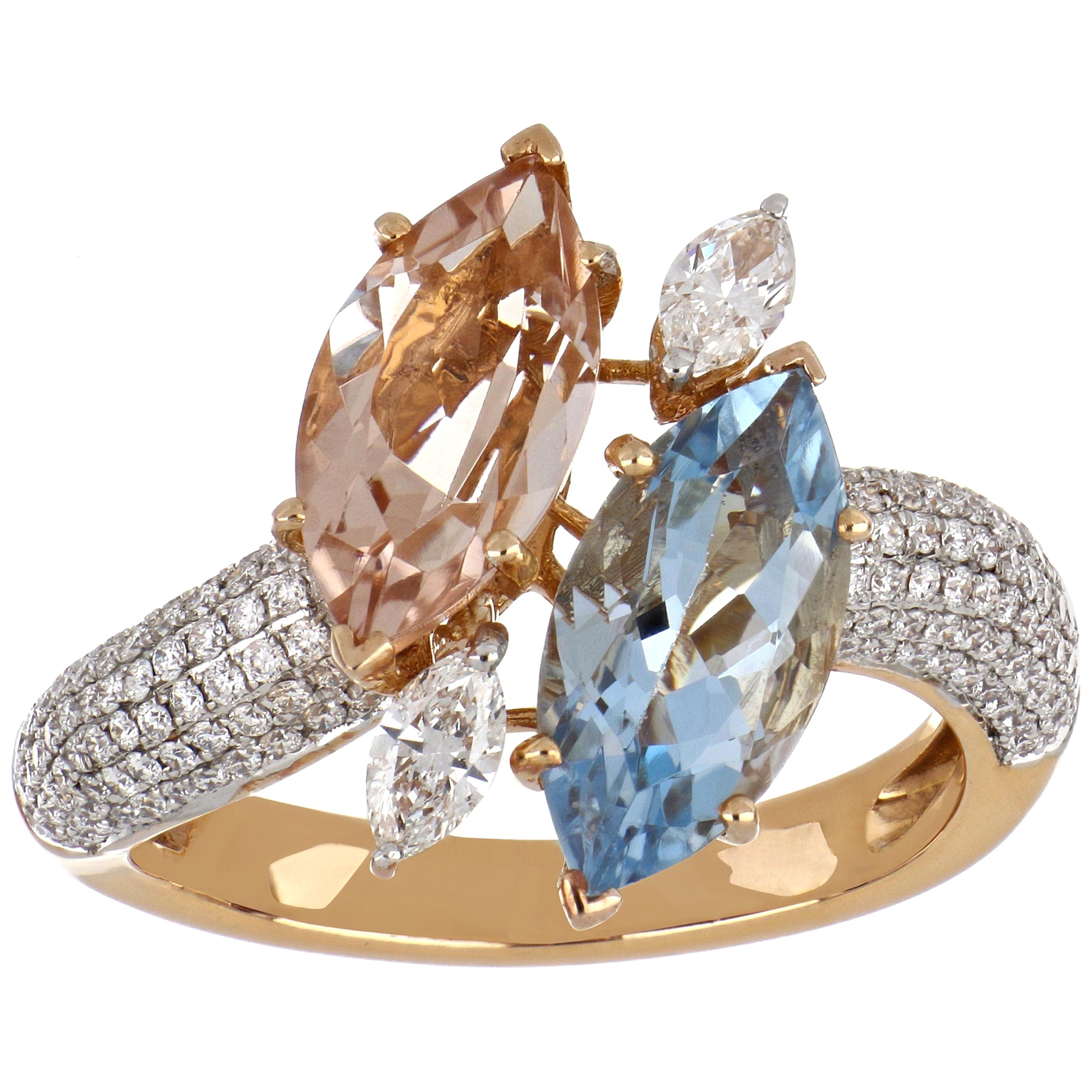 3.26 Carat Total Morganite and Aquamarine Ring with Diamonds 18 Karat Rose Gold For Sale