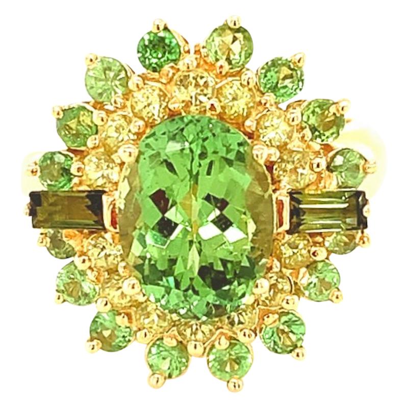 3.26 Ct. Tsavorite Garnet, Peridot, Green Tourmaline Yellow Gold Cocktail Ring 