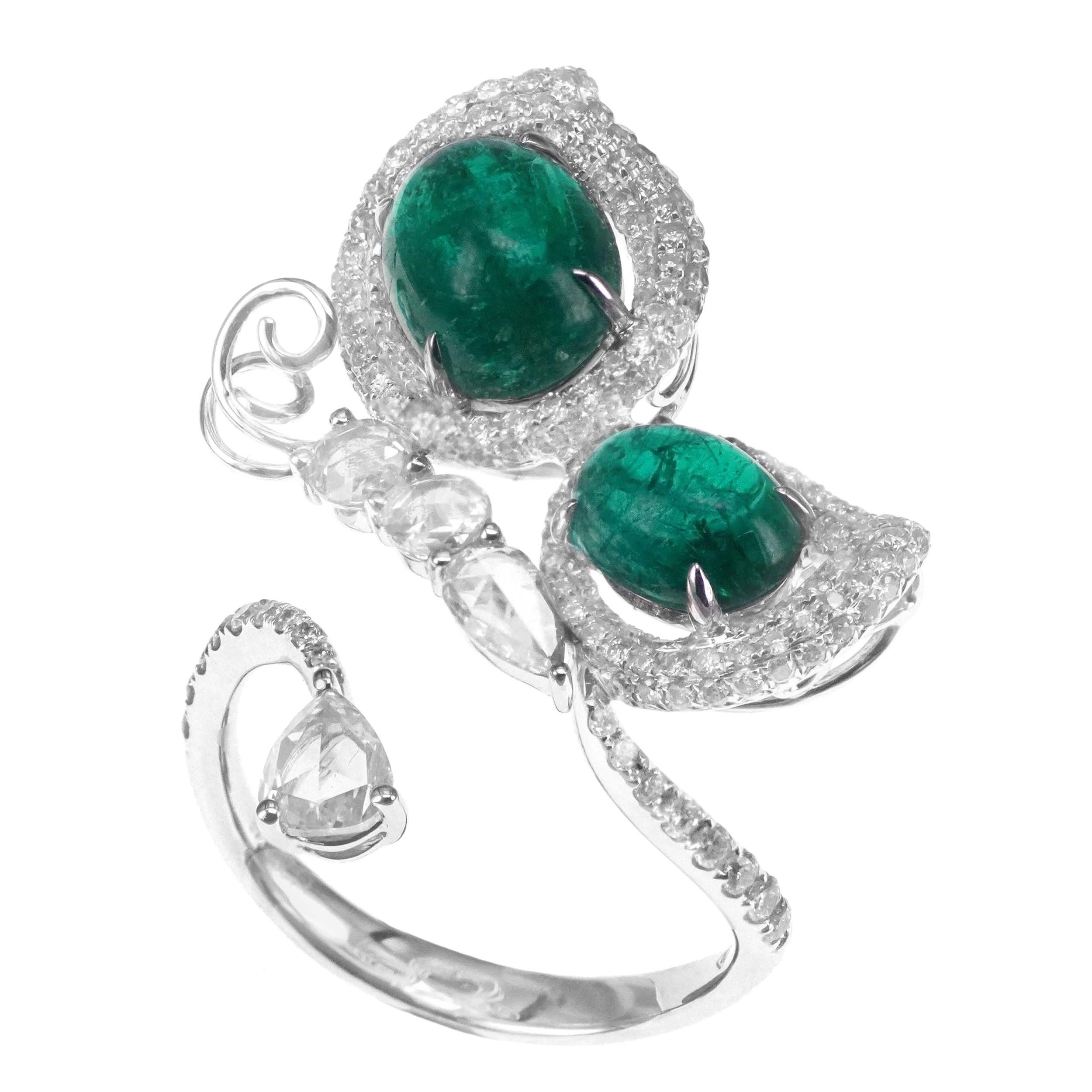 3.26 Carat Vivid Green Emerald 1.13 Carat Diamond "Butterfly" Head Turner Ring For Sale