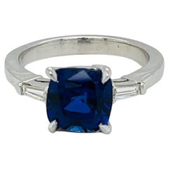 3.26 Carats Cushion Blue Sapphire Chatam Engagement Ring with Tapered Baguettes