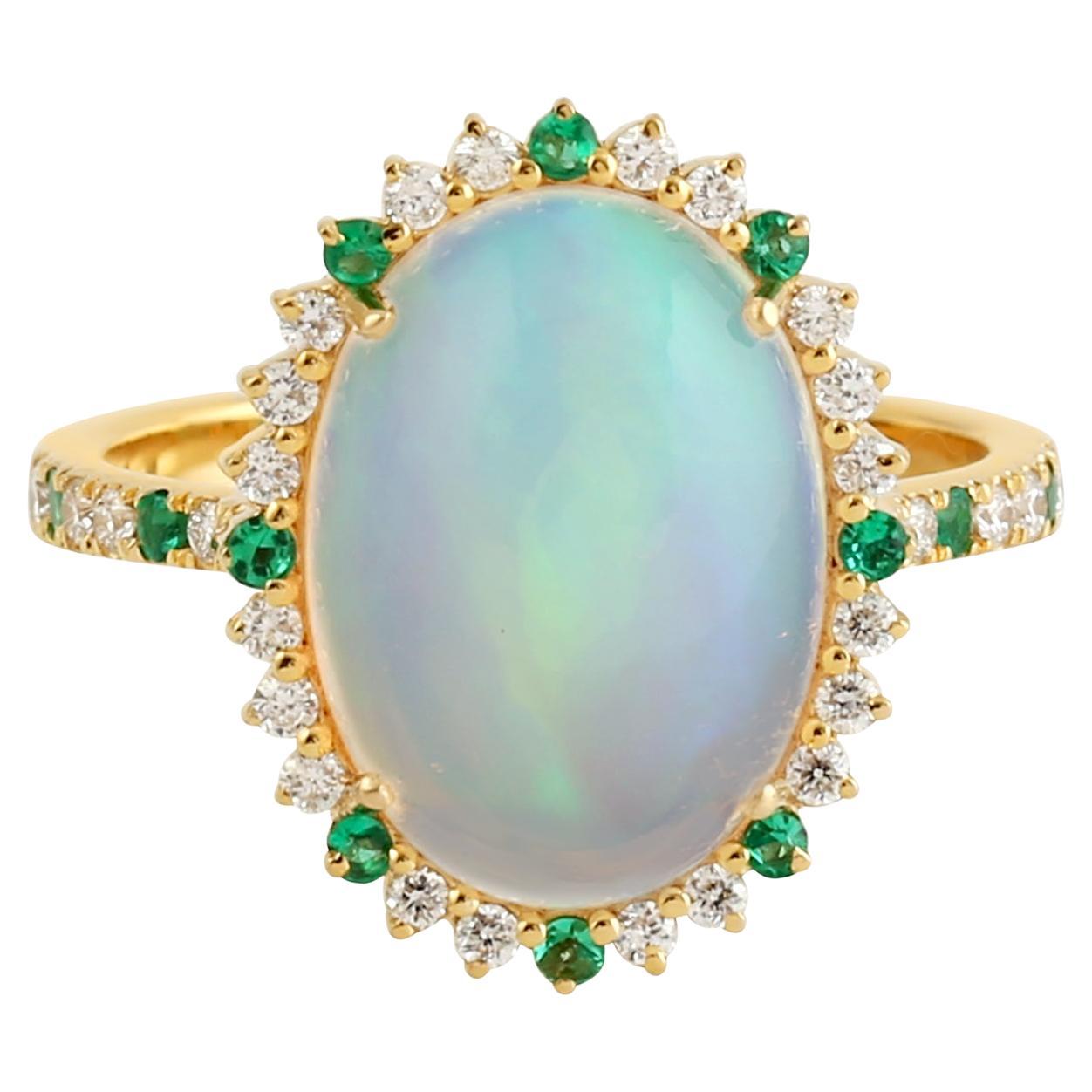 3.26 Carats Opal Emerald Diamond 14 Karat Gold Ring For Sale