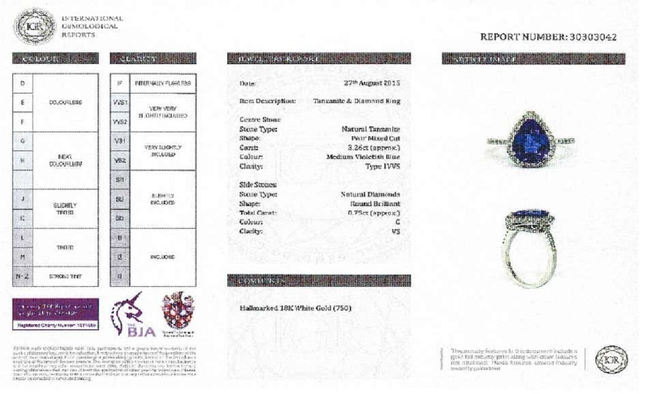 3.26 CT Pear Tanzanite Certified 0.75 Carat Diamond 18 KT Gold Engagement Ring 8