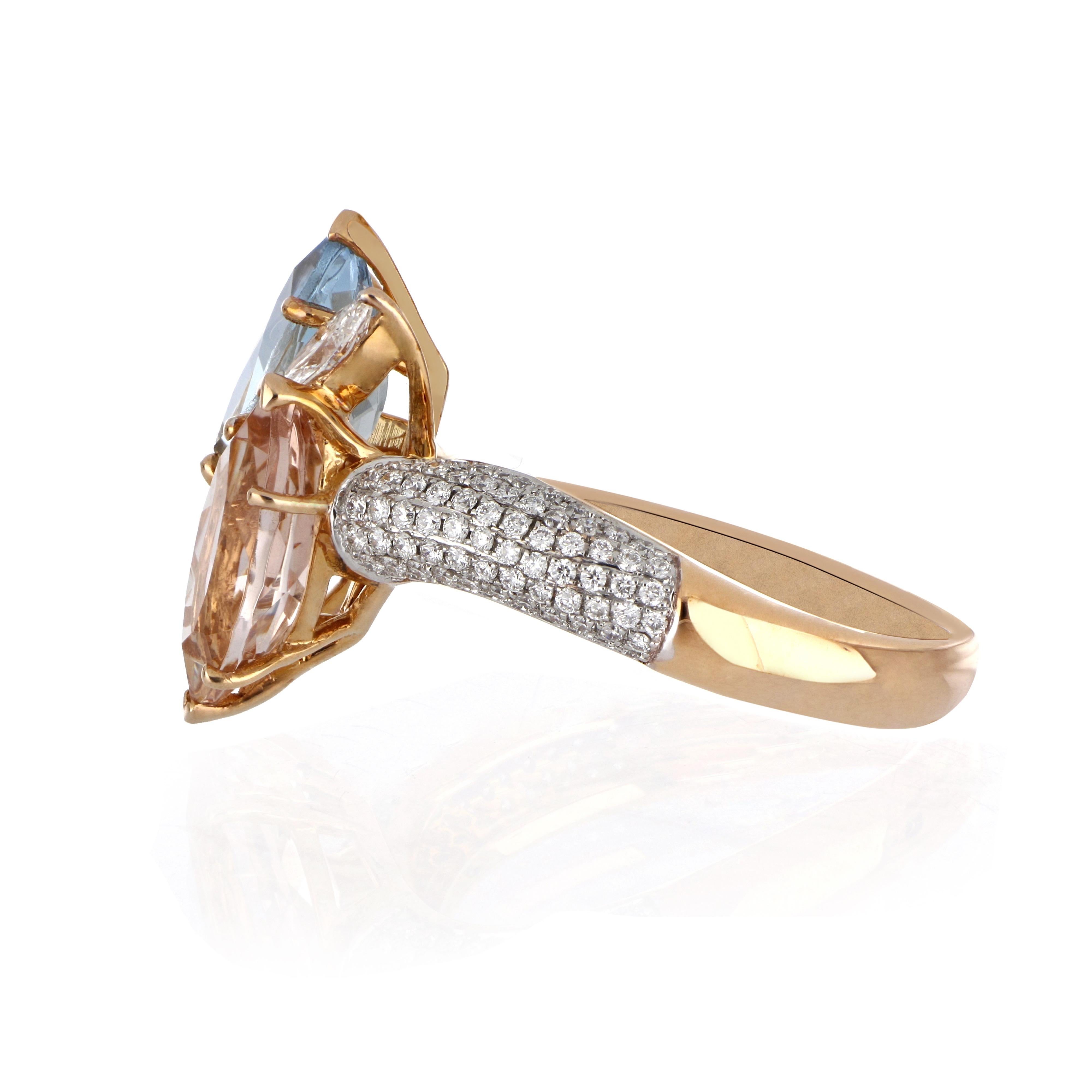 Contemporary 3.26 Carat Total Morganite and Aquamarine Ring with Diamonds 18 Karat Rose Gold For Sale