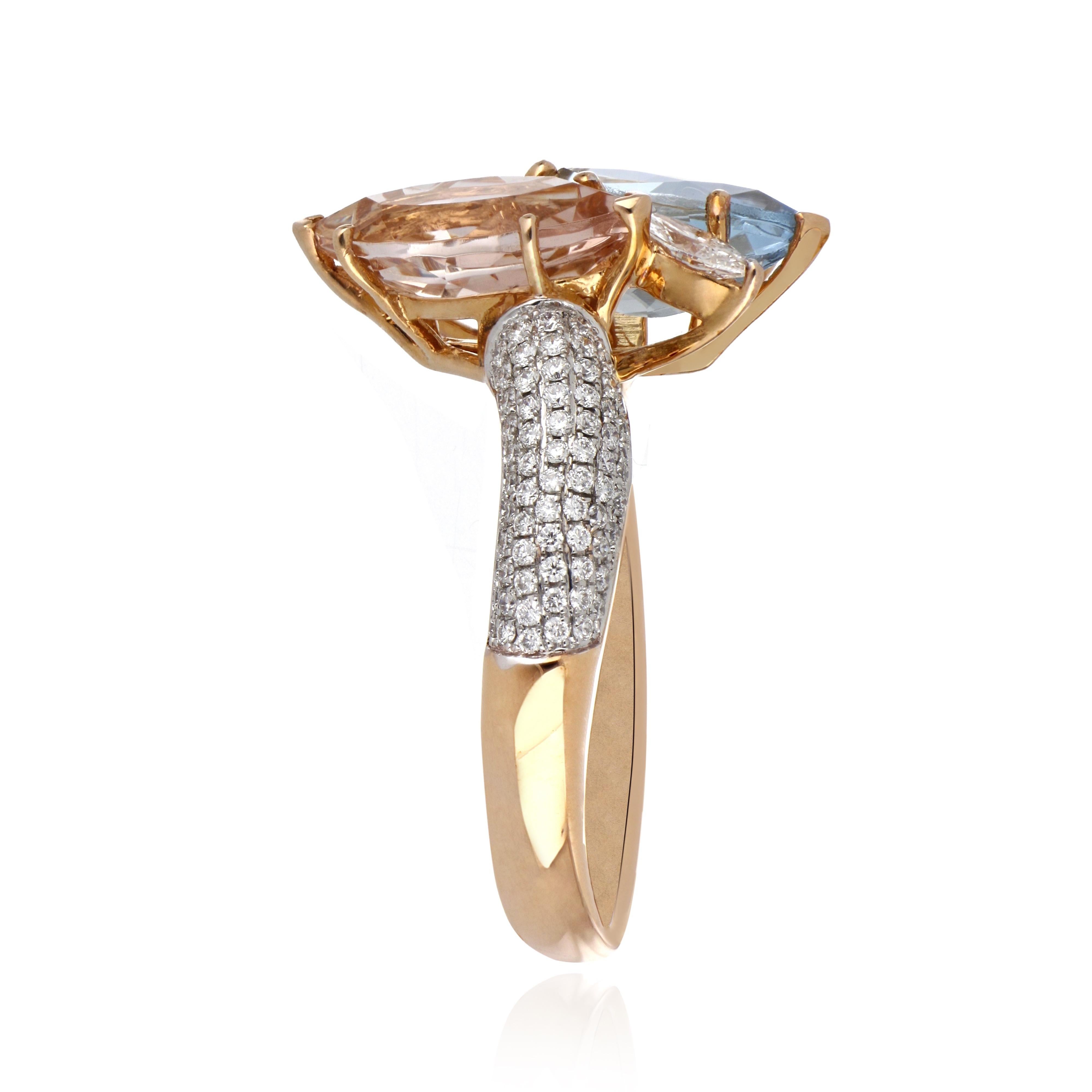 Marquise Cut 3.26 Carat Total Morganite and Aquamarine Ring with Diamonds 18 Karat Rose Gold For Sale