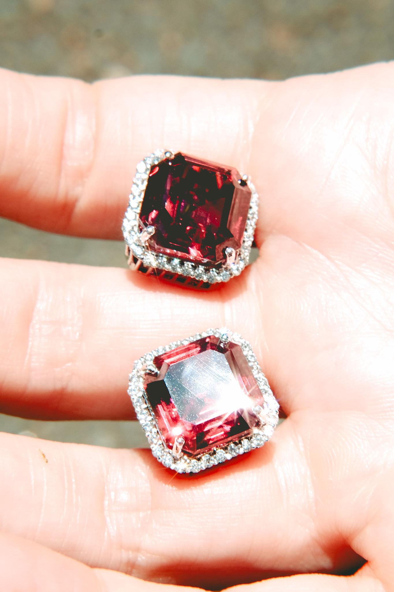 3.26 Rhodolite & .73 Diamond Studs-Asscher Cut-18KT Gold-GIA Certified-Rare For Sale 3