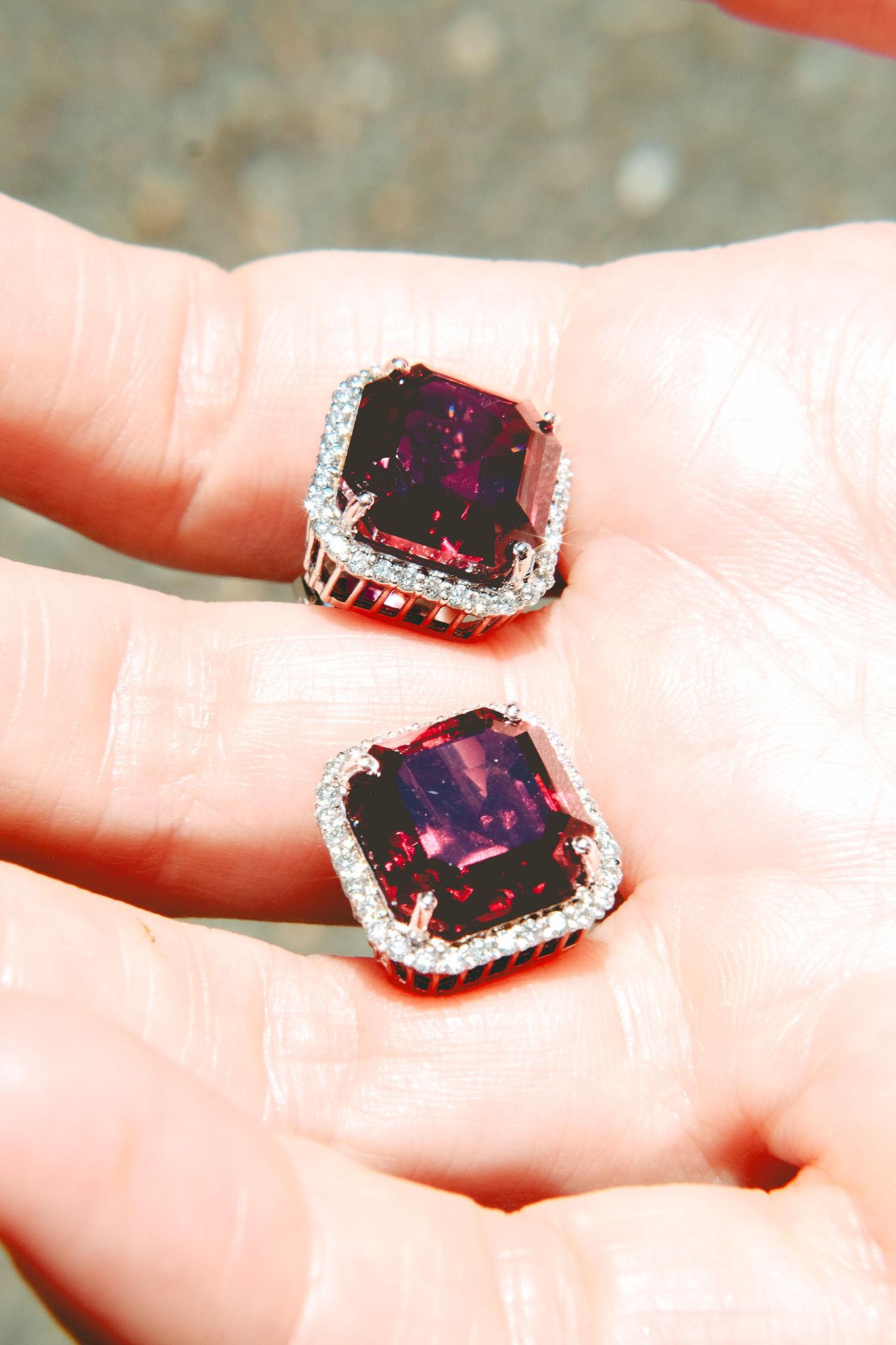 3.26 Rhodolite & .73 Diamond Studs-Asscher Cut-18KT Gold-GIA Certified-Rare For Sale 2