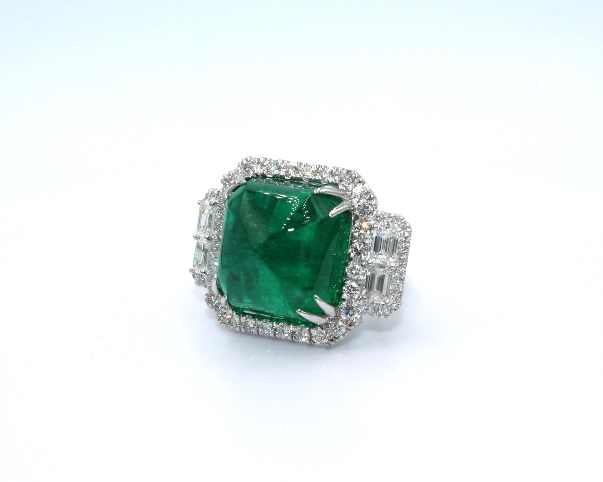 Sugarloaf Cabochon 32.62 Carat Emerald Sugarloaf & Diamond Ring For Sale