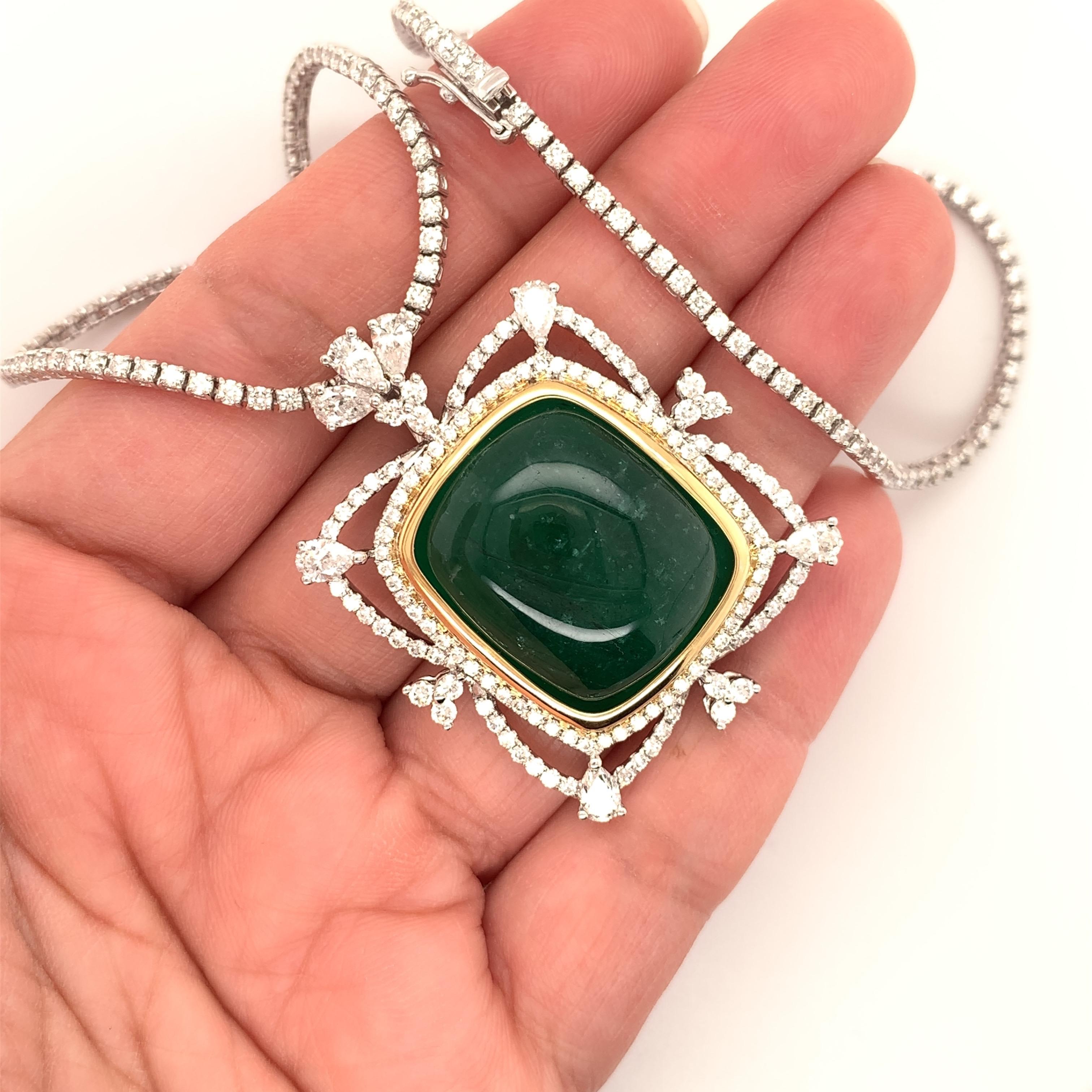Cabochon 32.63 Carat Colombian Emerald Diamond Necklace For Sale