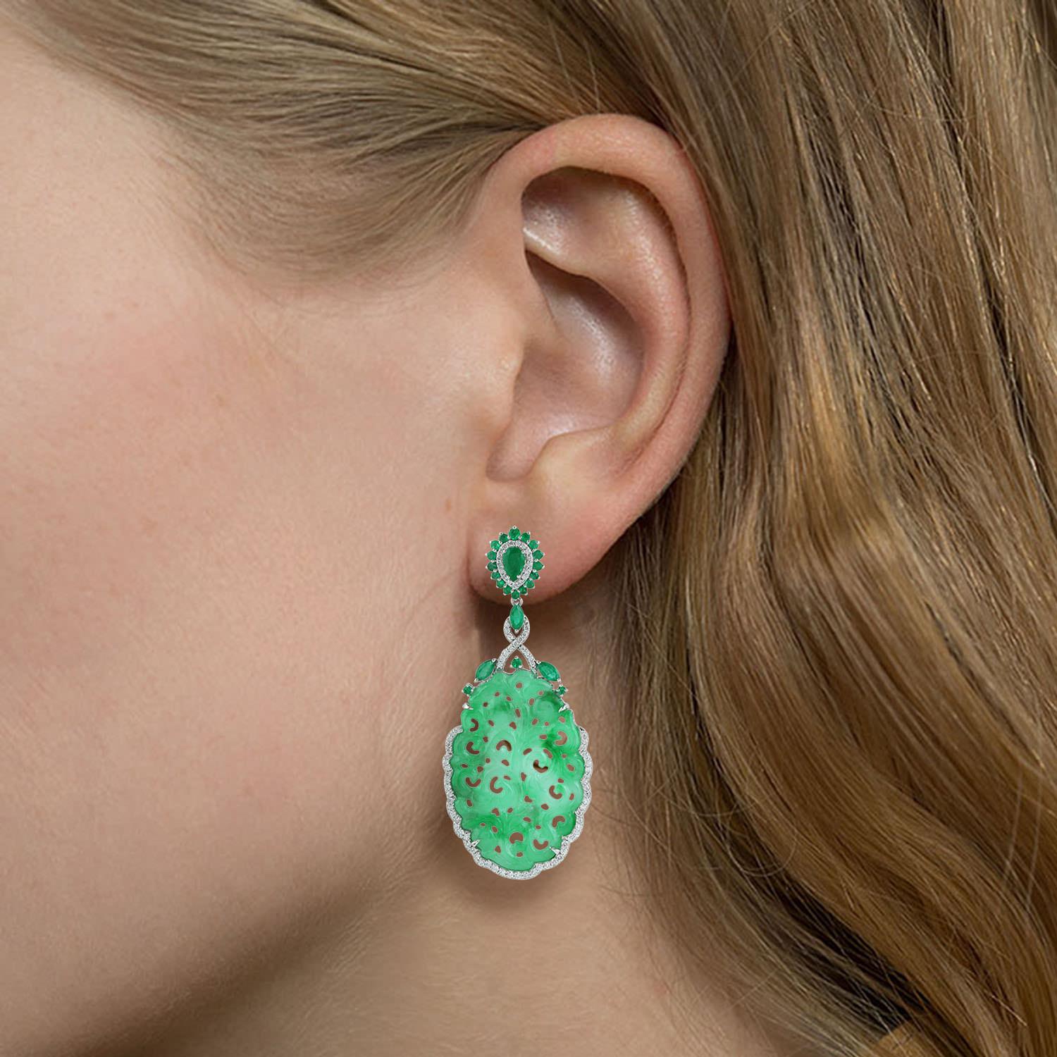 These stunning hand carved Jade earrings are thoughtfully and meticulously crafted in 18-karat gold. It is set in 32.66 carats Jade, 2.68 carats emerald and 1.12 carats of diamonds.

FOLLOW  MEGHNA JEWELS storefront to view the latest collection &