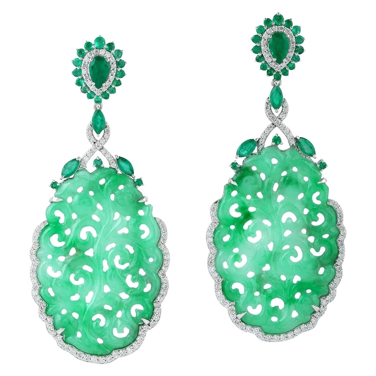 32.66 Carat Carved Jade Emerald 18 Karat Gold Diamond Earrings For Sale