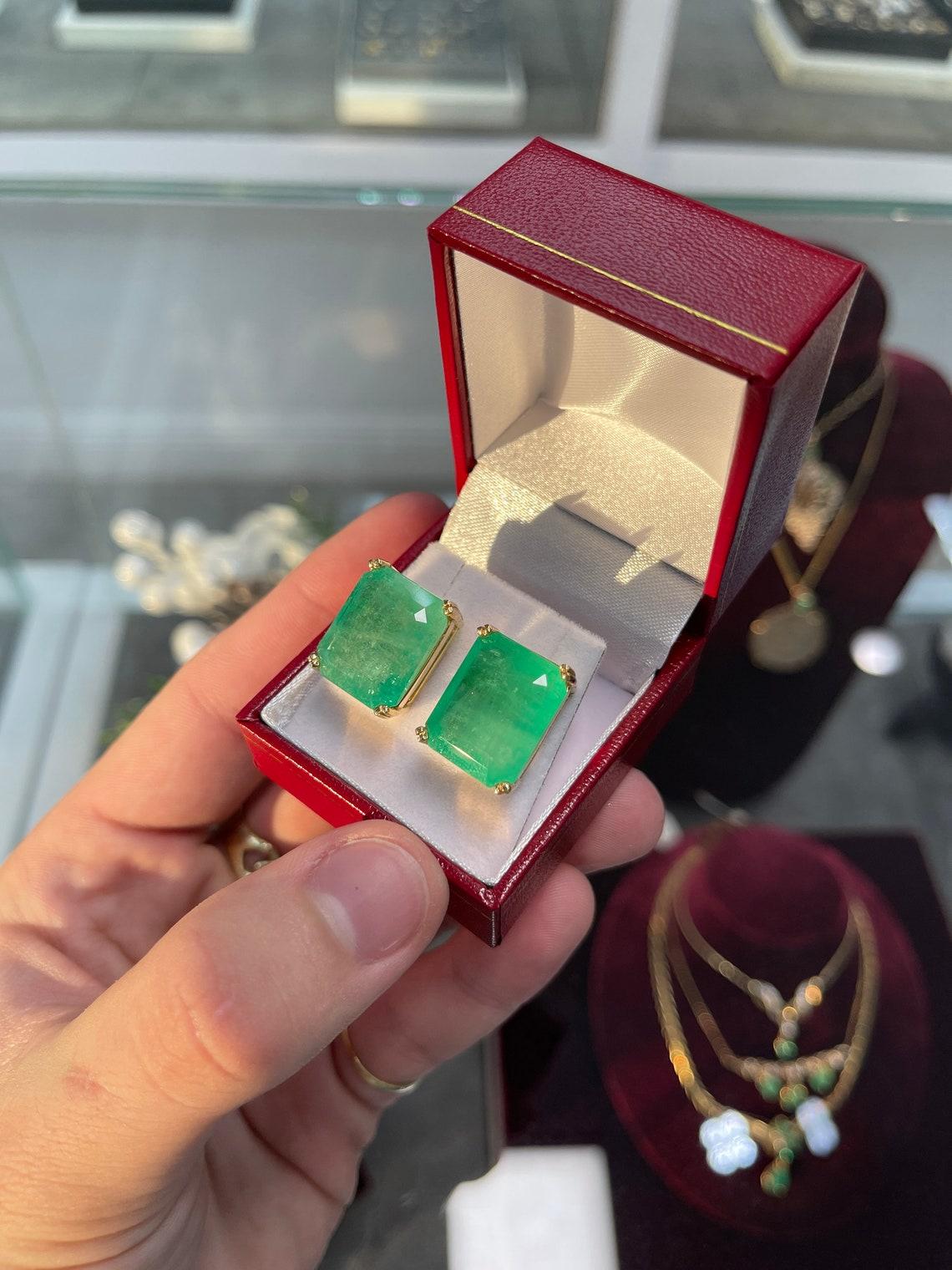 Modern 32.66tcw 18K Colombian Emerald-Emerald Cut Gold Stud Earrings
