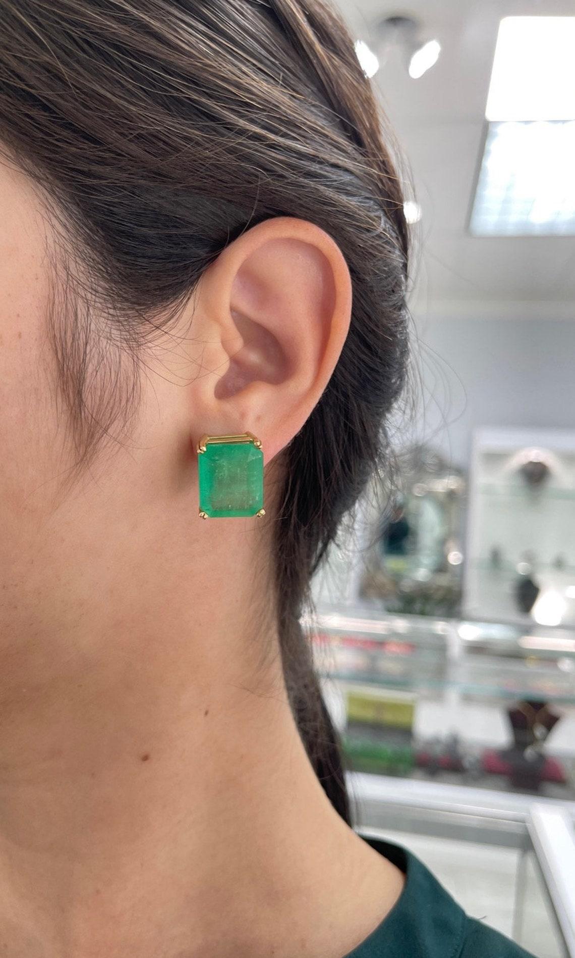 32.66tcw 18K Colombian Emerald-Emerald Cut Gold Stud Earrings 1