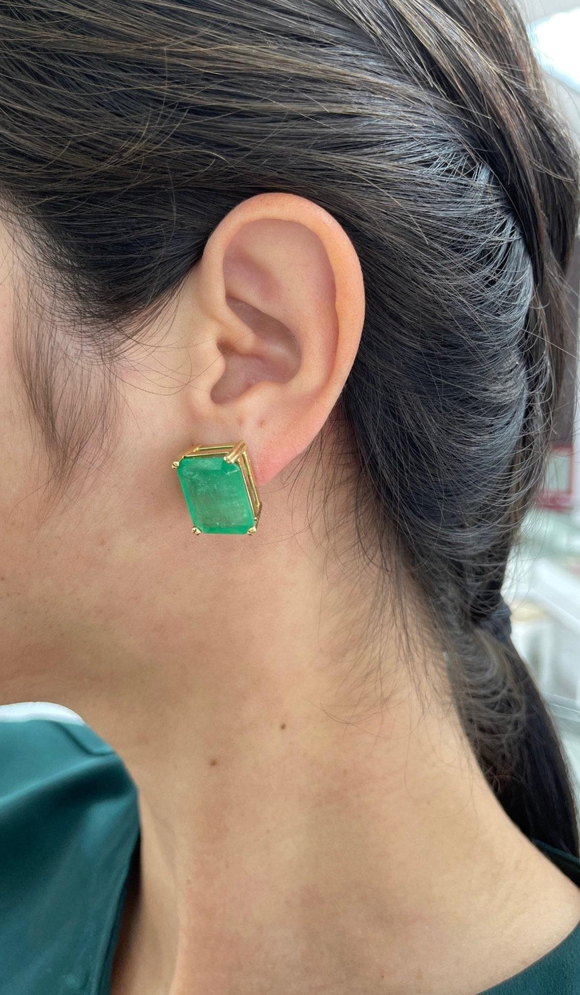 32.66tcw 18K Colombian Emerald-Emerald Cut Gold Stud Earrings 2