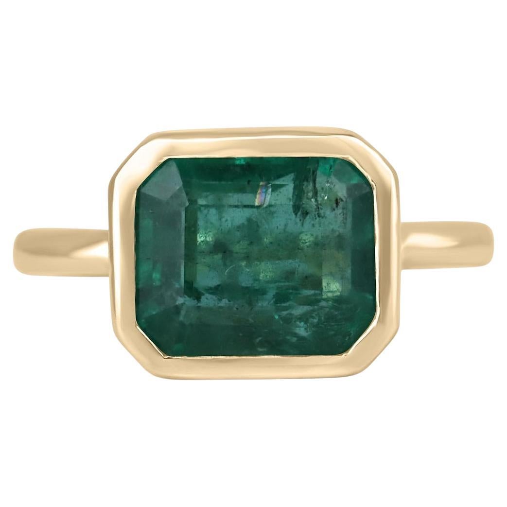 3.26ct 14K Emerald Cut East-West Solitaire Ring Lush Green Gold Bezel