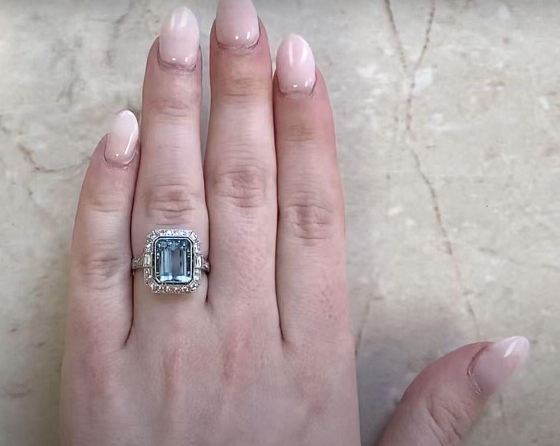 3.26ct Emerald Cut Aquamarine Engagement Ring, Diamond Halo, Platinum  For Sale 5