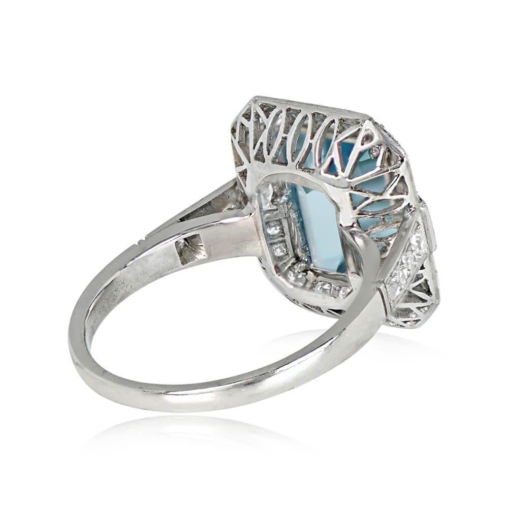Art Deco 3.26ct Emerald Cut Aquamarine Engagement Ring, Diamond Halo, Platinum  For Sale