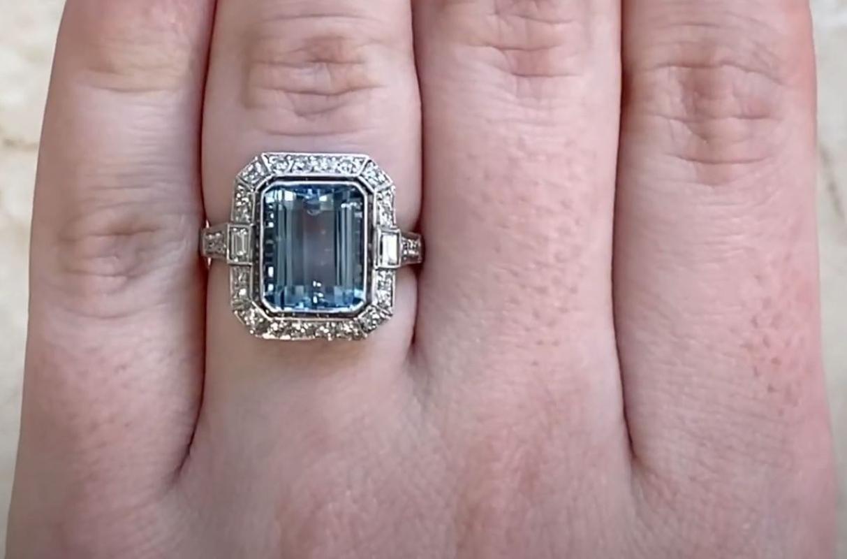 3.26ct Emerald Cut Aquamarine Engagement Ring, Diamond Halo, Platinum  For Sale 1