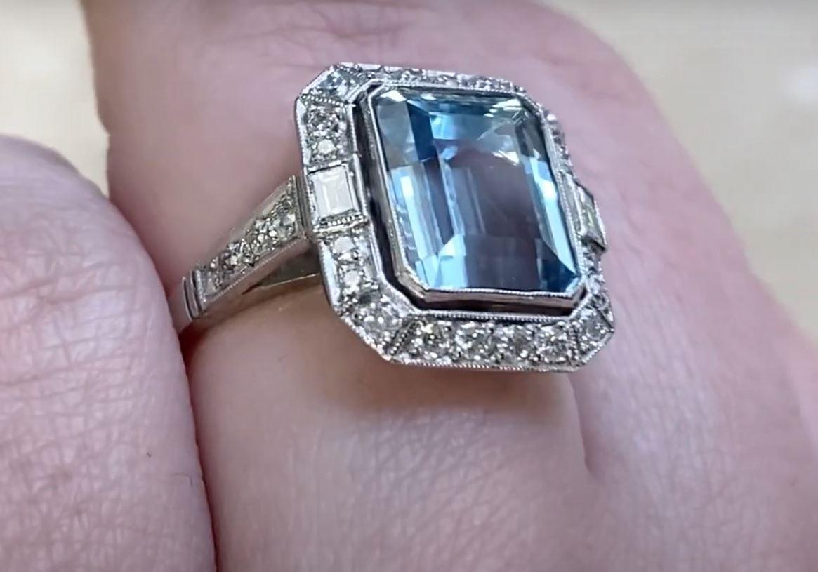 3.26ct Emerald Cut Aquamarine Engagement Ring, Diamond Halo, Platinum  For Sale 2