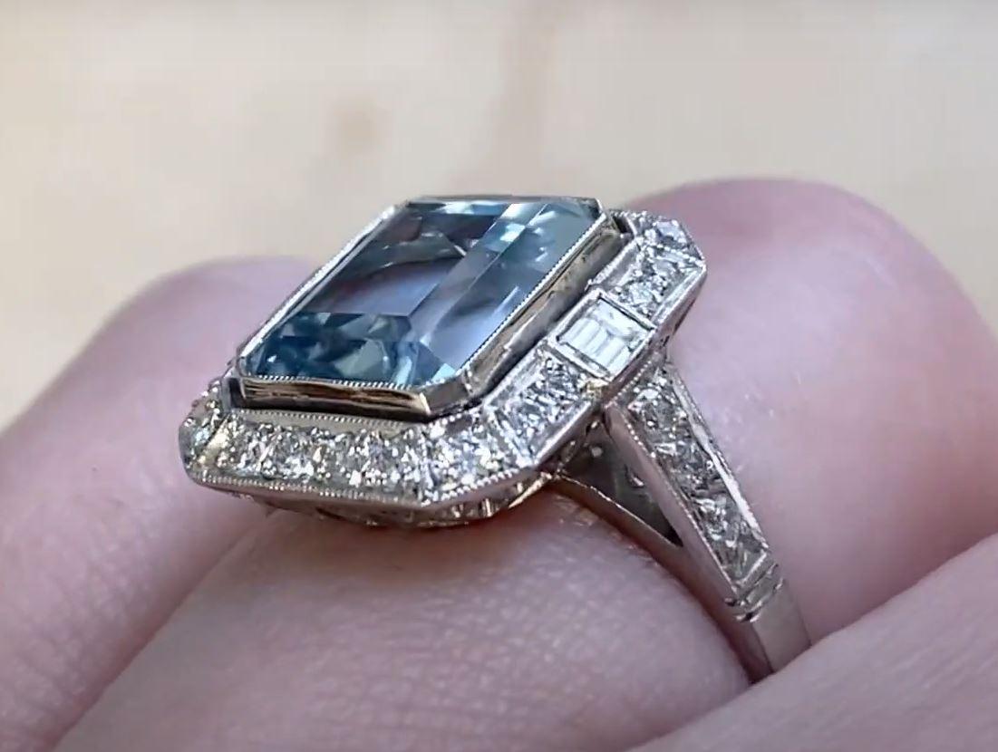 3.26ct Emerald Cut Aquamarine Engagement Ring, Diamond Halo, Platinum  For Sale 3