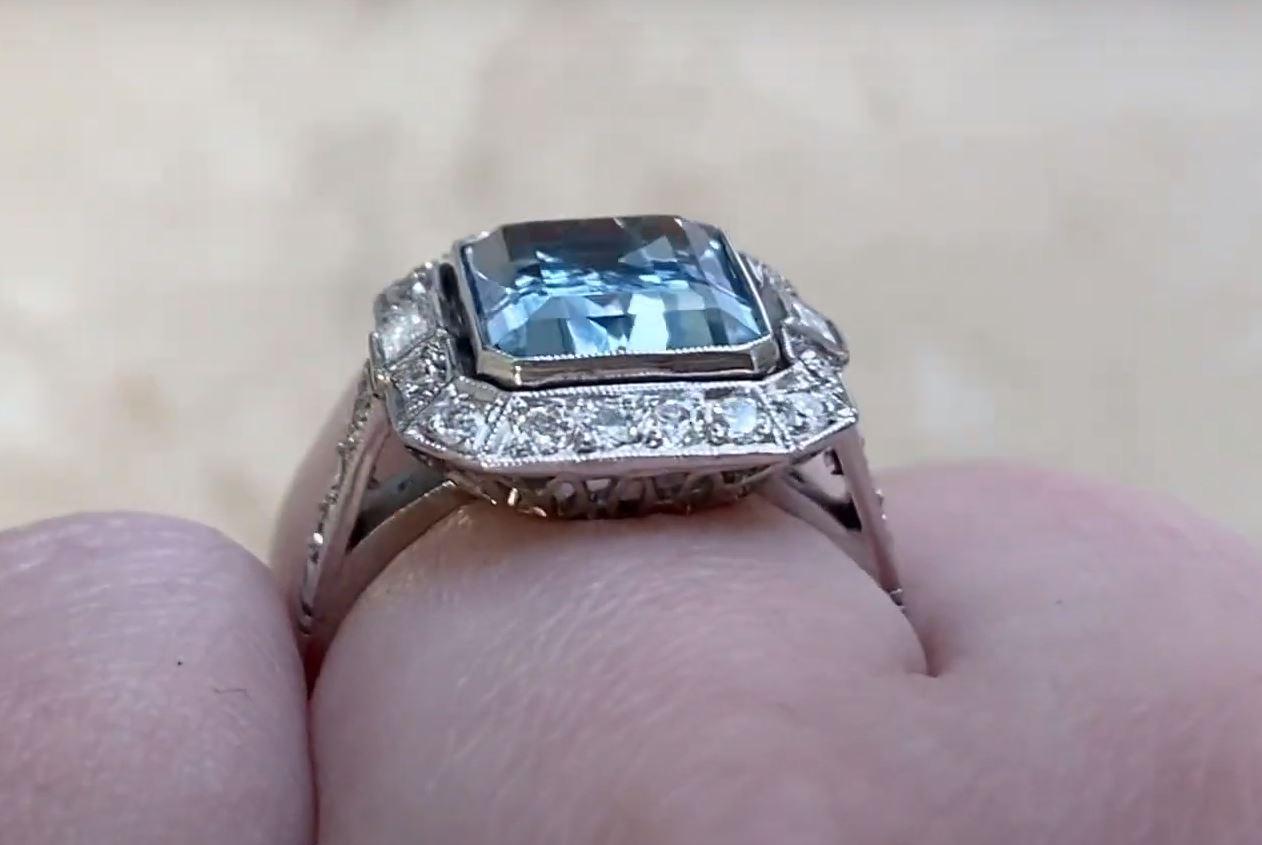 3.26ct Emerald Cut Aquamarine Engagement Ring, Diamond Halo, Platinum  For Sale 4