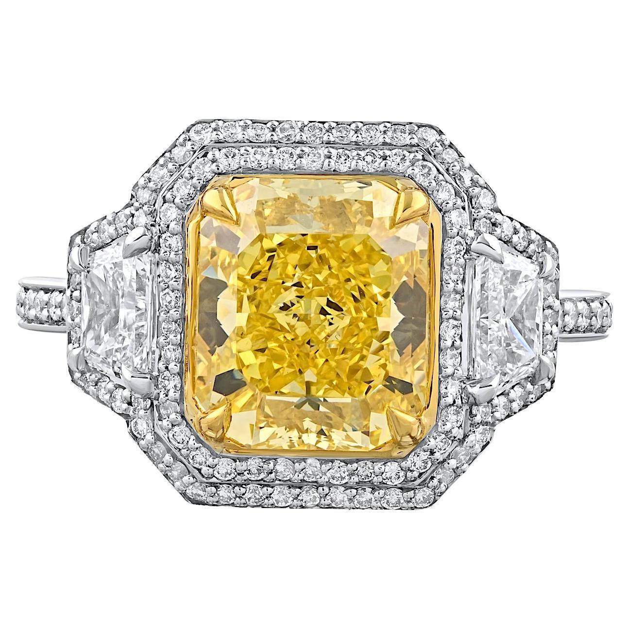 3.26ct Fancy Vivid Yellow Even Internally Flawless Radiant Cut Diamond Ring