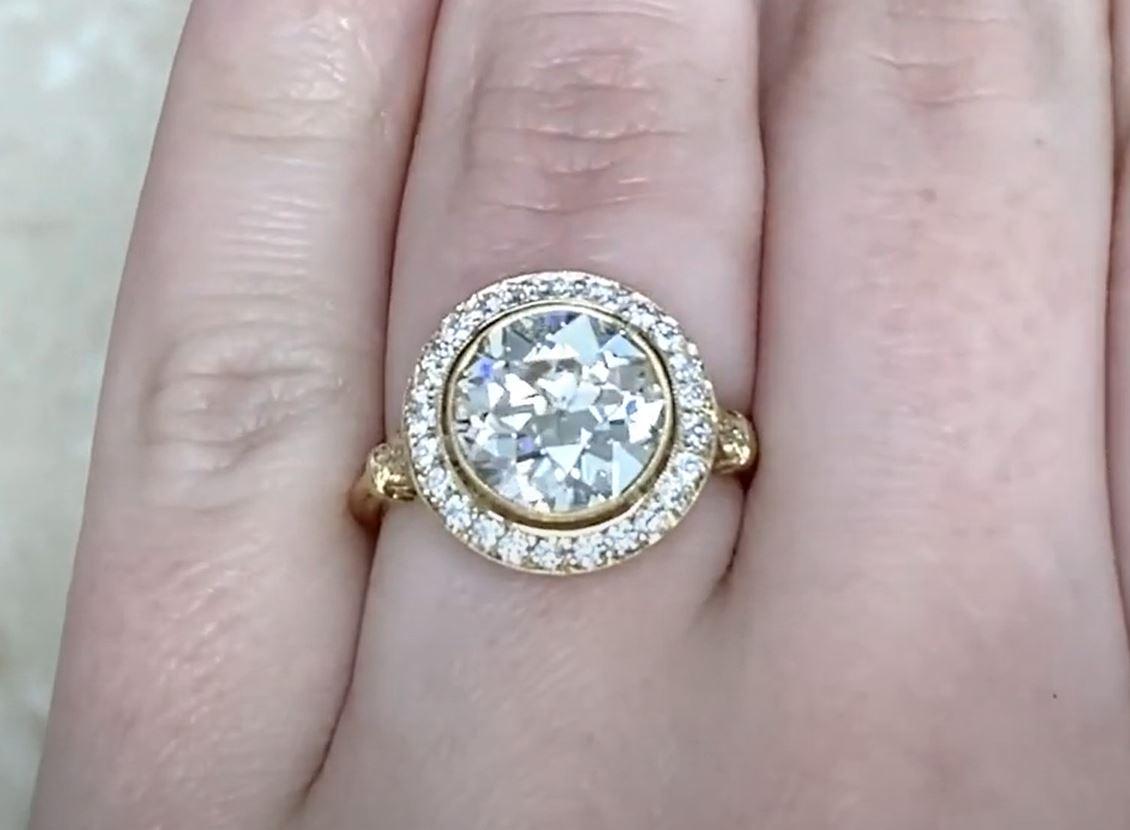 Art Deco 3.26ct Old European Cut Diamond Engagement Ring, Diamond Halo, 18k Yellow Gold  For Sale