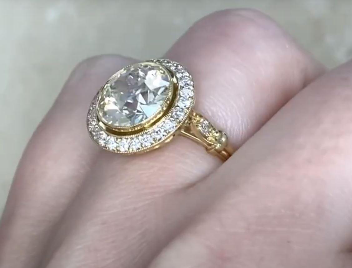 Women's 3.26ct Old European Cut Diamond Engagement Ring, Diamond Halo, 18k Yellow Gold  For Sale