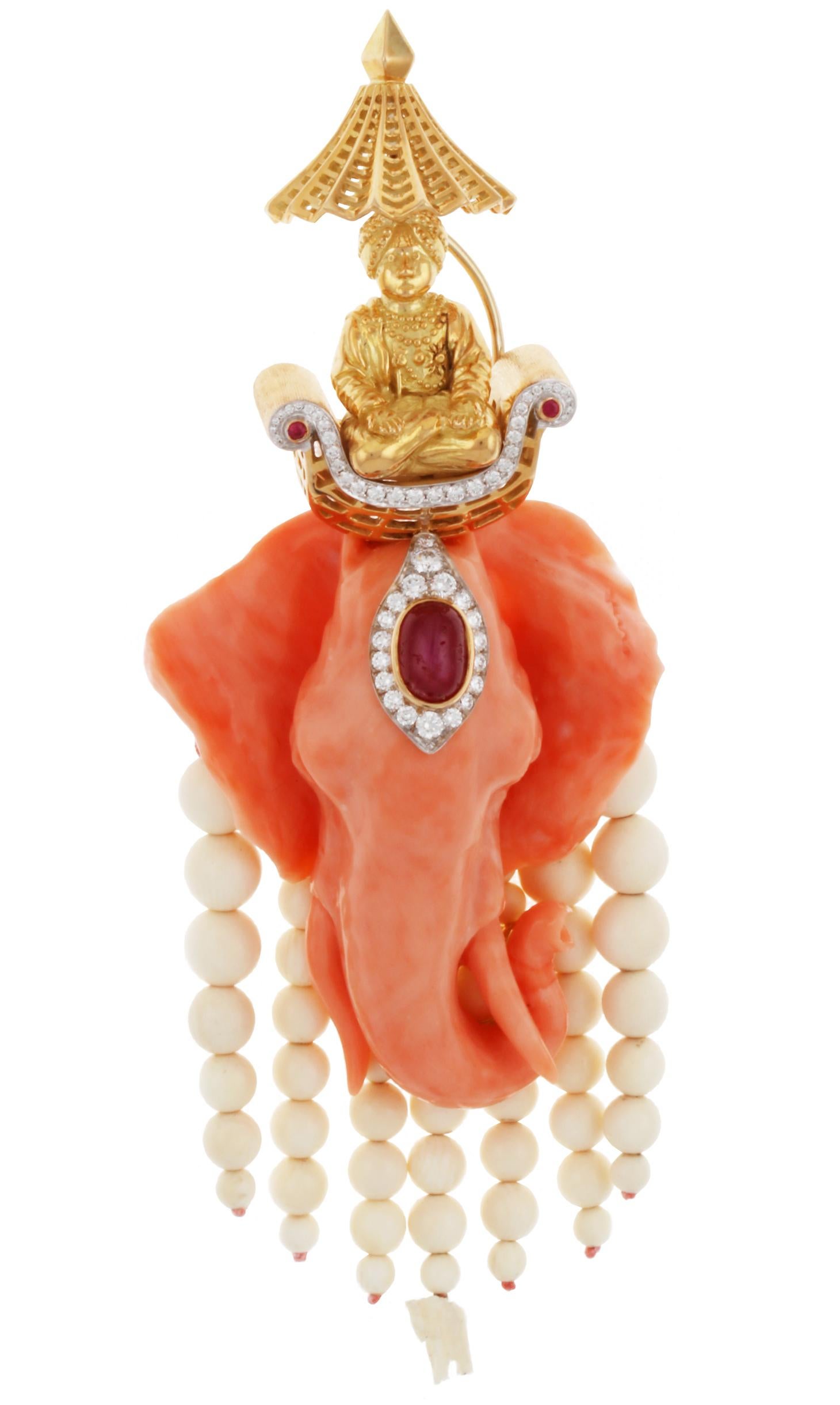 Contemporary 3.26cts. Ruby 1.12cts. Diamonds 18k Maharaja Coral Elephant John Landrum Bryant For Sale