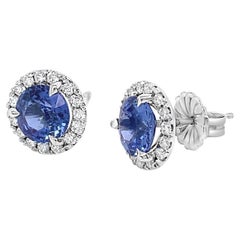 3.26ctw Round Natural Sapphire with 0.37ctw Round Diamond Halo Stud Earrings