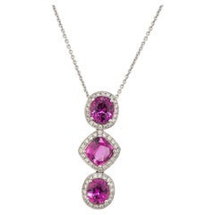 3.26tcw 3 Pink Sapphires with Diamond Halo Pendant in 18K White Gold