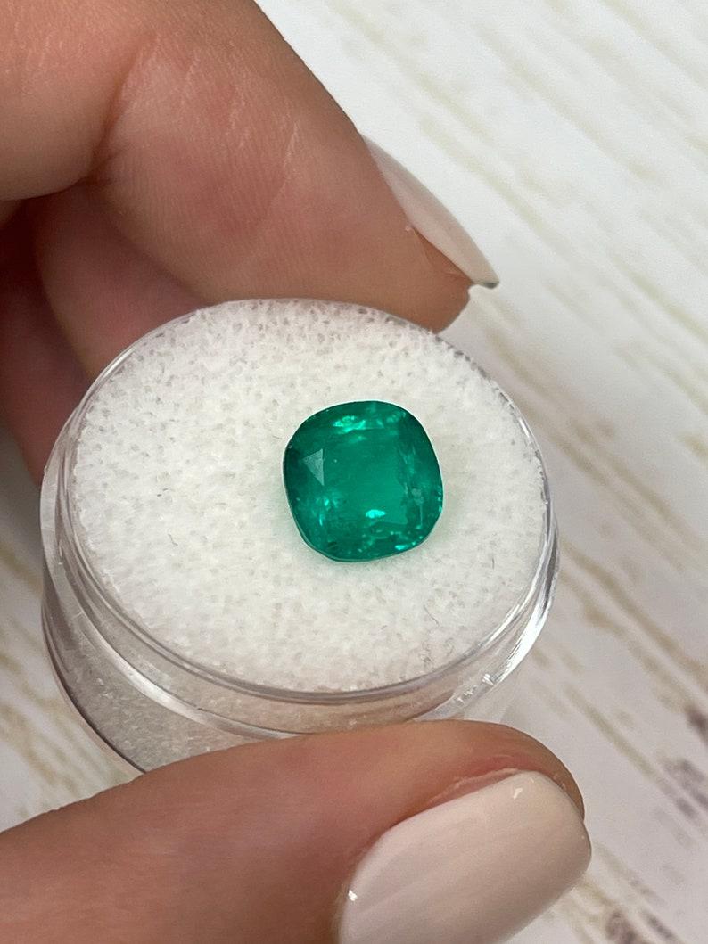 Modern 3.27 Carat 9x9 Vivid Muzo Green Colo- Minor Oil Cushion Cut Gem For Sale