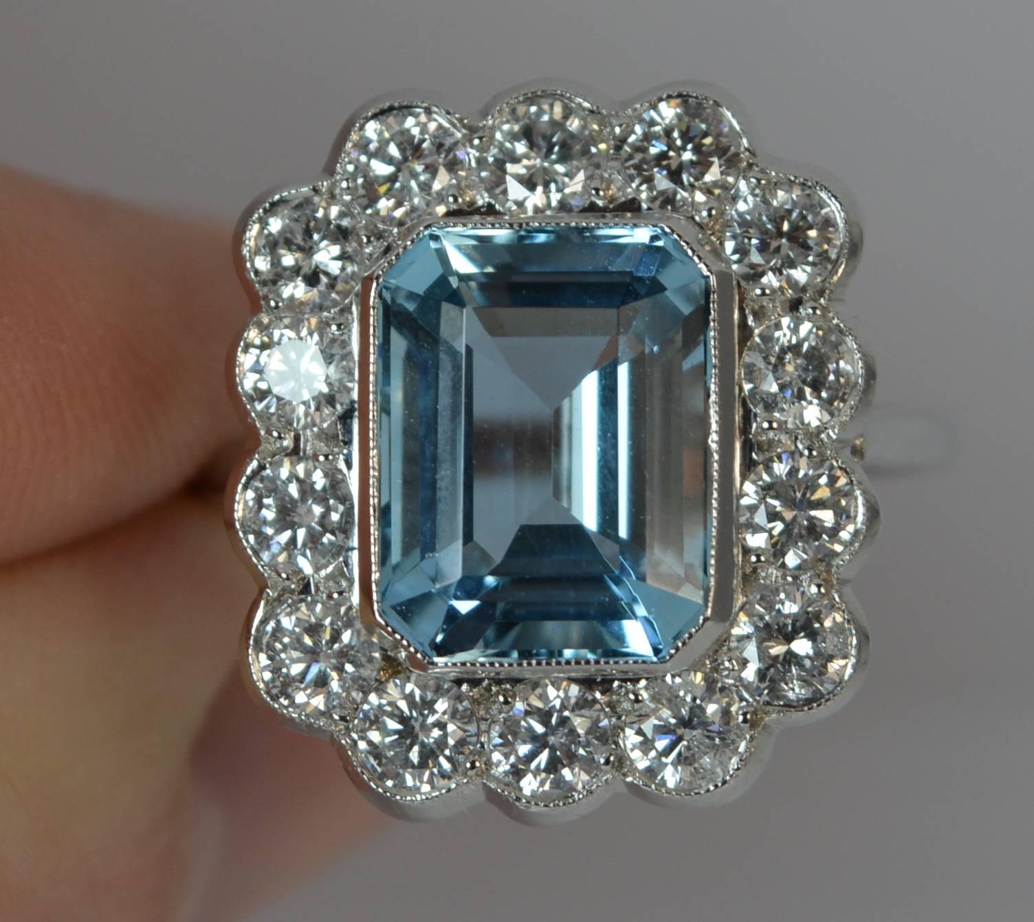 Emerald Cut 3.27 Carat Aquamarine and 1.30 Carat Diamond 18 Carat White Gold Cluster Ring