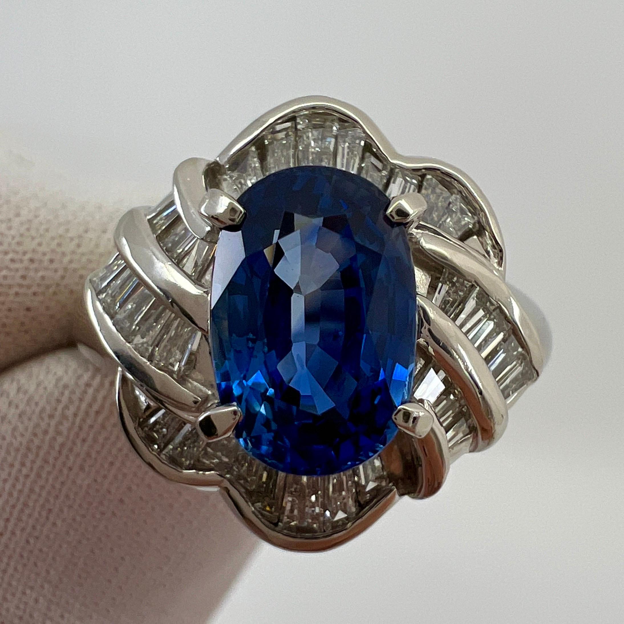 Fine Ceylon Blue Sapphire & Diamond Platinum Cocktail Ring.

3.27 Total carat weight. 2.67 Carat Ceylon sapphire with a stunning vivid blue colour and excellent clarity. Very clean stone. Also has an excellent oval cut.
Accented by 0.60ct of fine