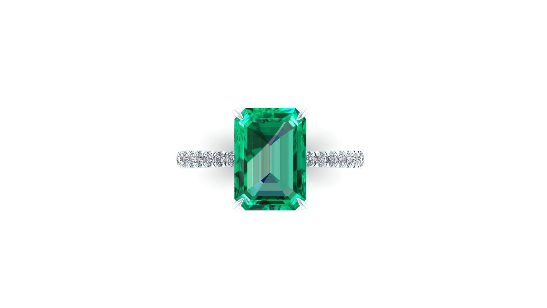  3.27 Carat Colombian Emerald Cut Emerald and Diamond Platinum Ring For Sale 2