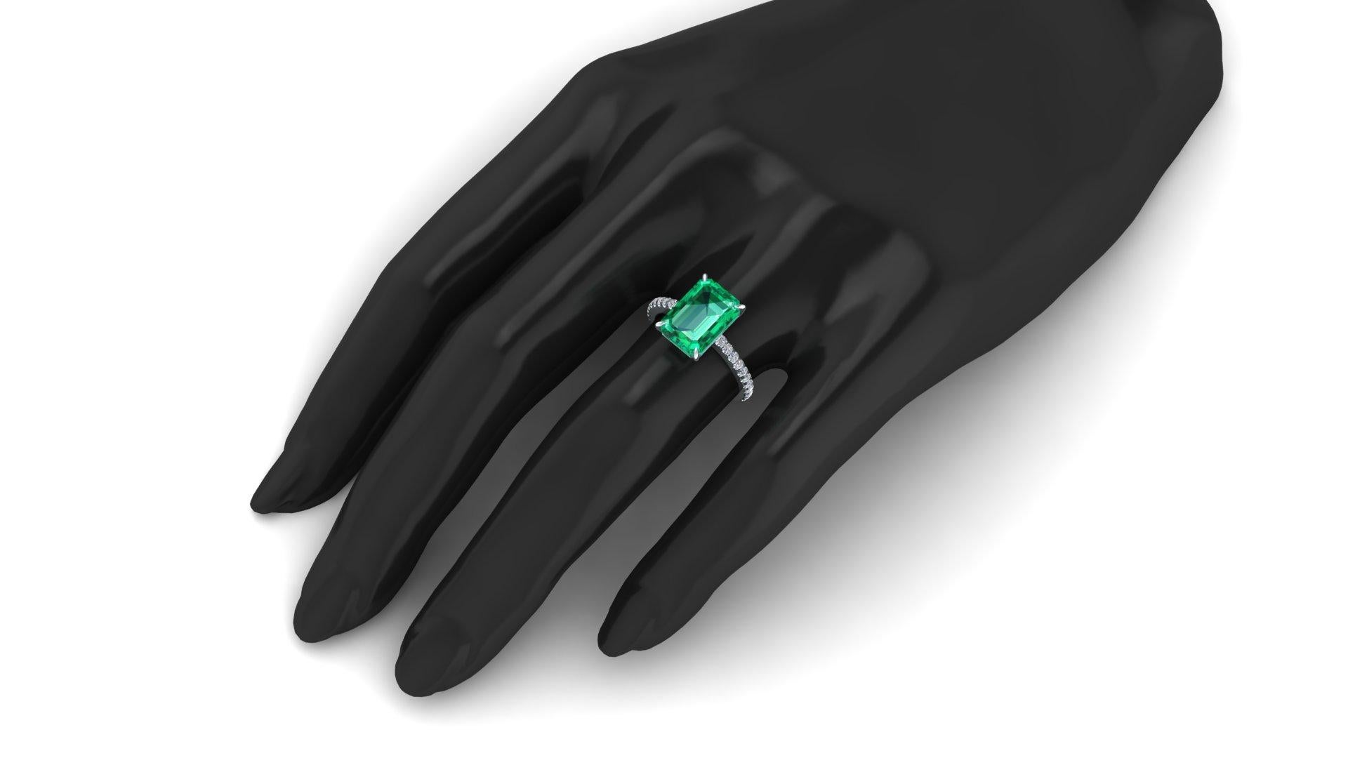  3.27 Carat Colombian Emerald Cut Emerald and Diamond Platinum Ring For Sale 3