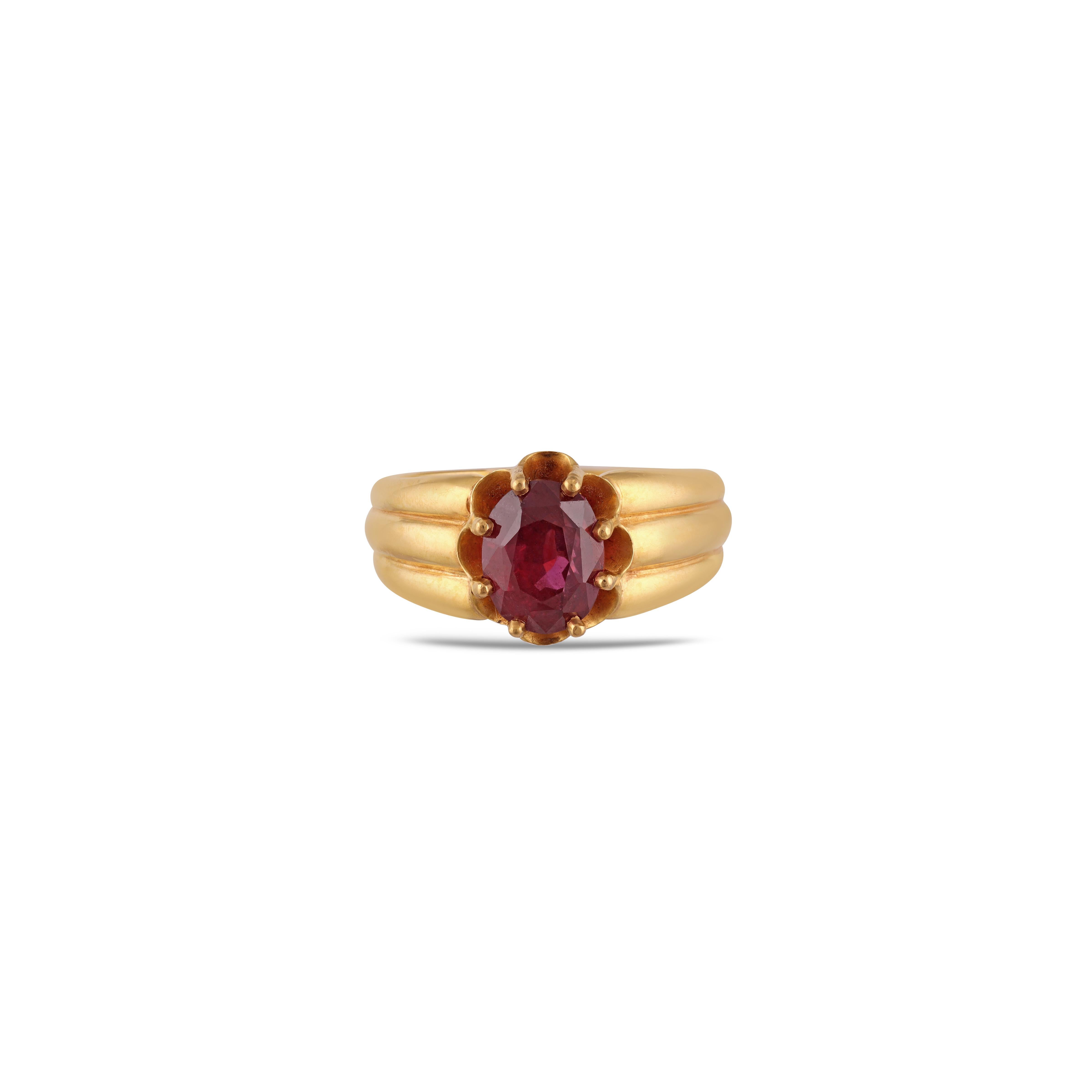 High Clear Natural Mozambique Ruby Ring in          
22k Gold.


Apart of our carefully curated collection & One of kind, this ring proudly displays a 3.27 carat high clear natural Mozambique ruby crowning a 22k  Gold. The ruby's prongs hold the