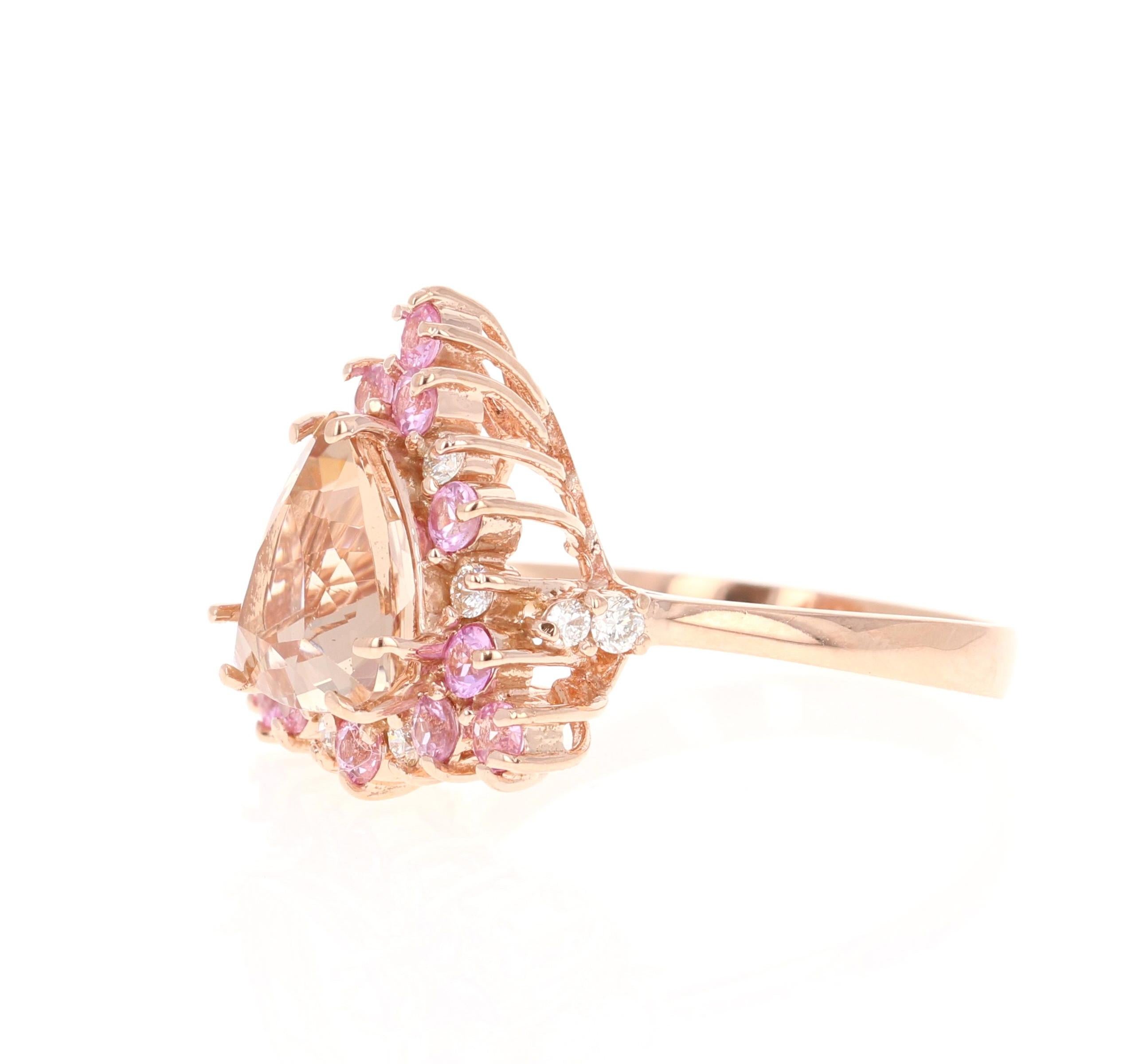 Contemporain Bague en or rose 14 carats avec Morganite, saphir rose et diamant de 3,27 carats en vente