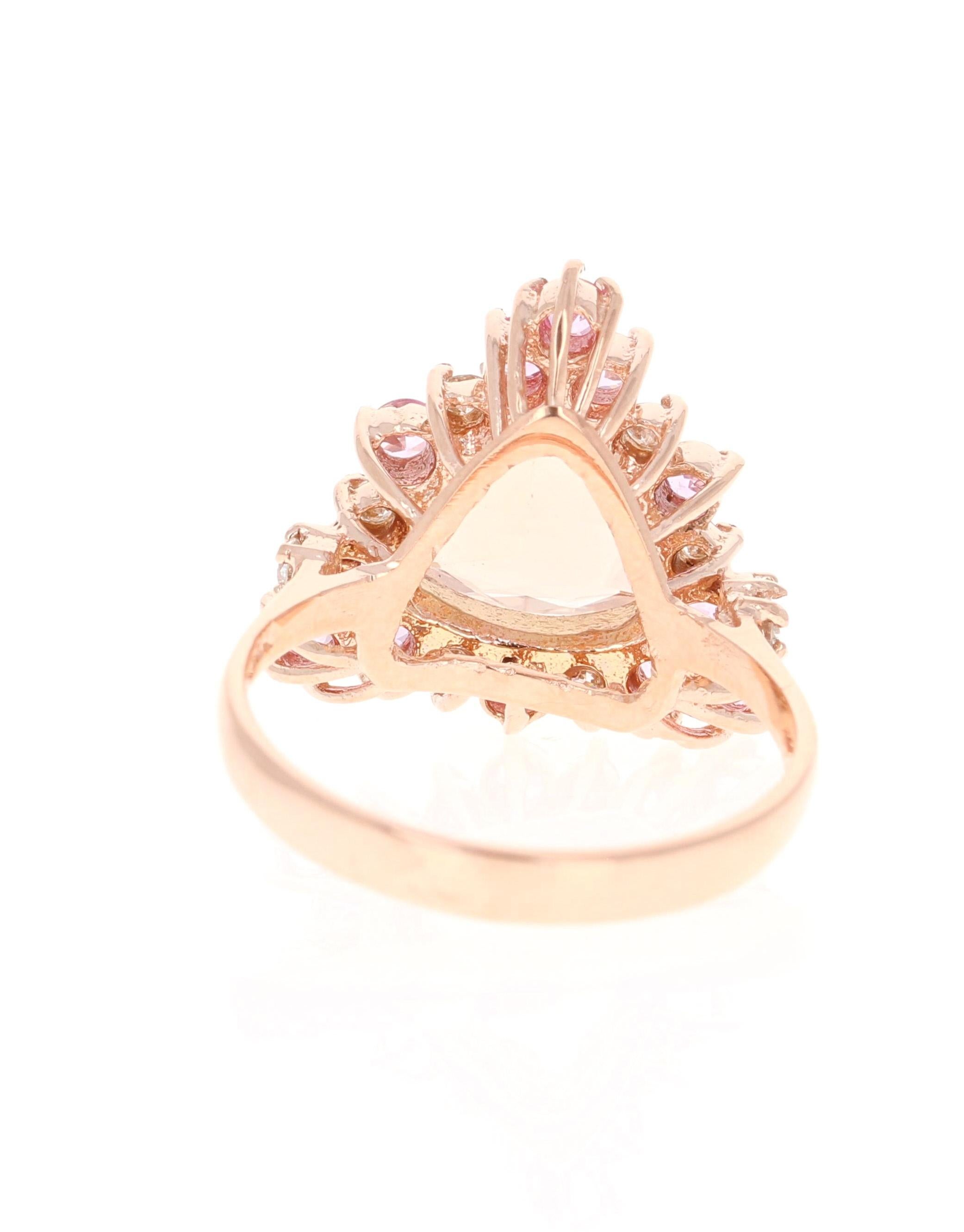Taille trillion Bague en or rose 14 carats avec Morganite, saphir rose et diamant de 3,27 carats en vente