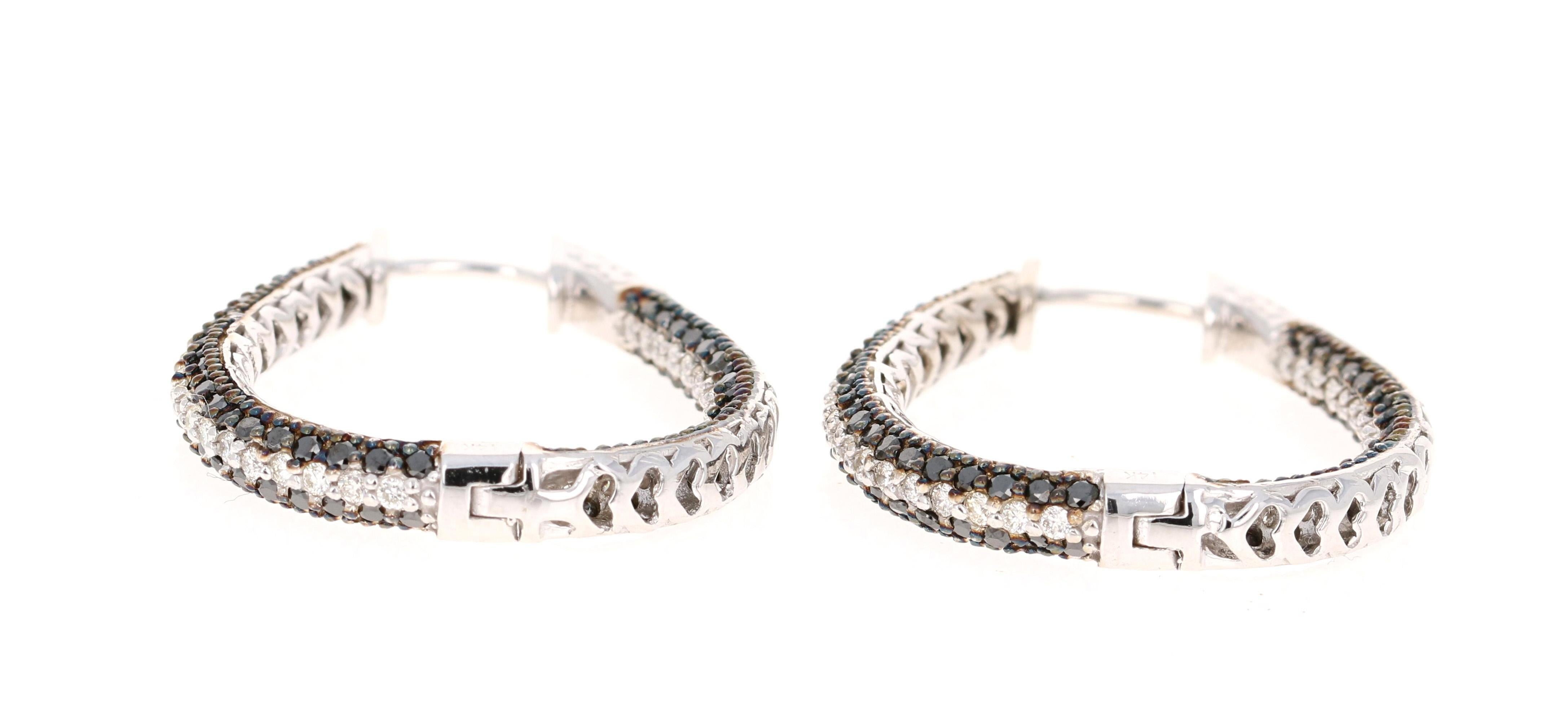 3,27 Karat Schwarzer Naturdiamant Weißer Diamant Weißgold Reif-Ohrringe (Rundschliff) im Angebot