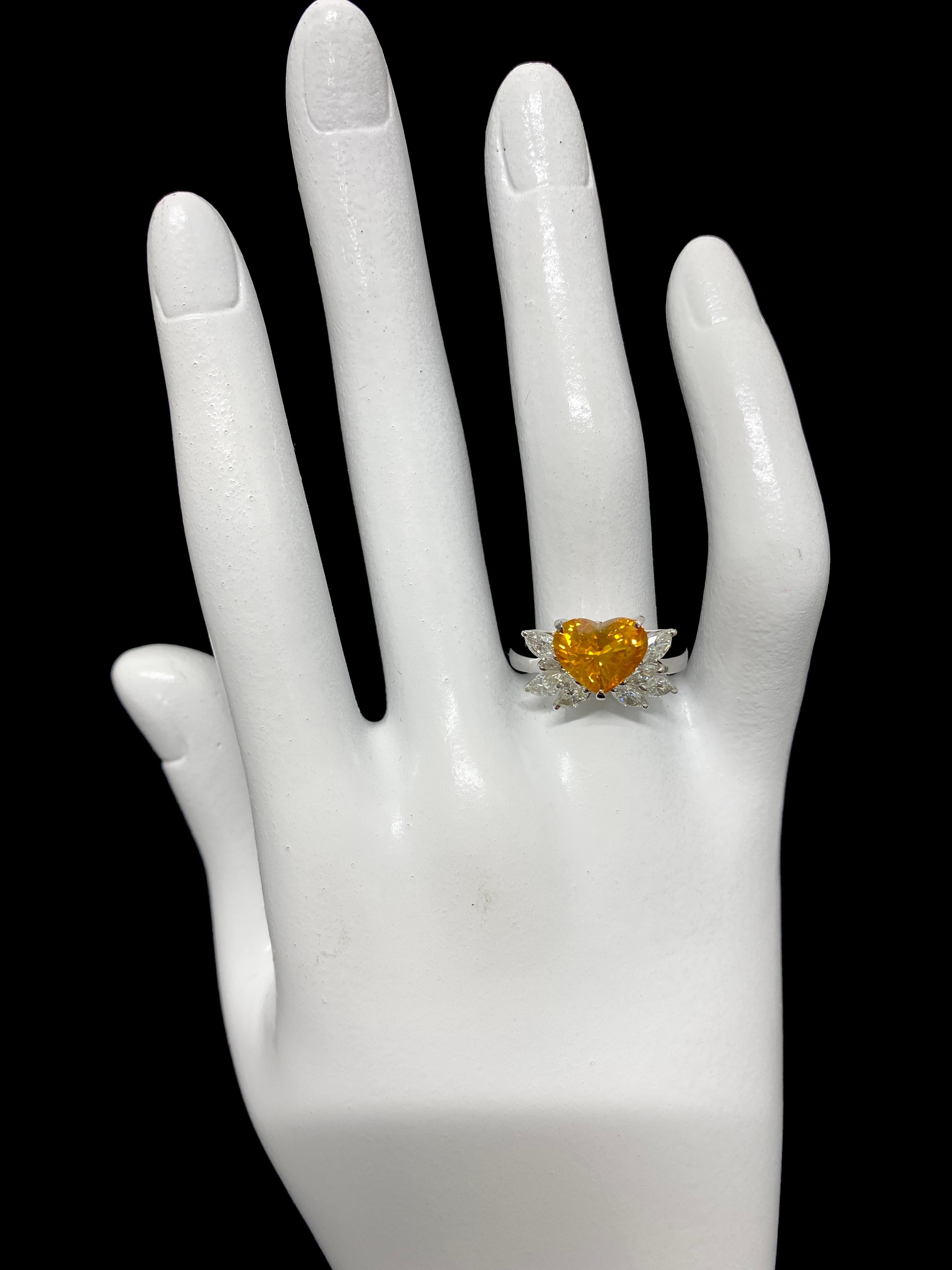 3.27 Carat Natural Heart-Cut Golden Sapphire and Diamond Ring Set in Platinum 1