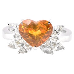3.27 Carat Natural Heart-Cut Golden Sapphire and Diamond Ring Set in Platinum