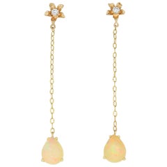 3.27 Carat Opal and Diamond Flower Drop and Dangle Earring