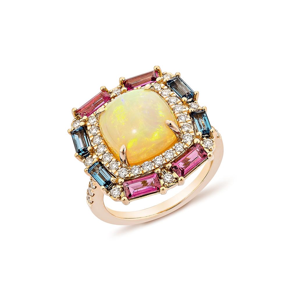 Contemporary 3.27 Carat Opal Fancy Ring in 18KRG with Multi Gemstone & Diamond.   For Sale